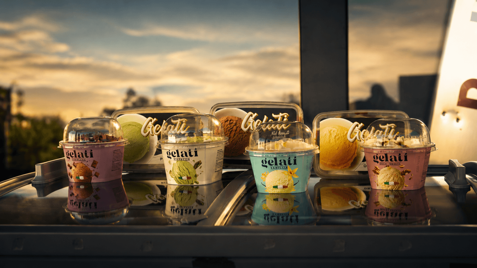 Gelati asortiman u zalasku sunca